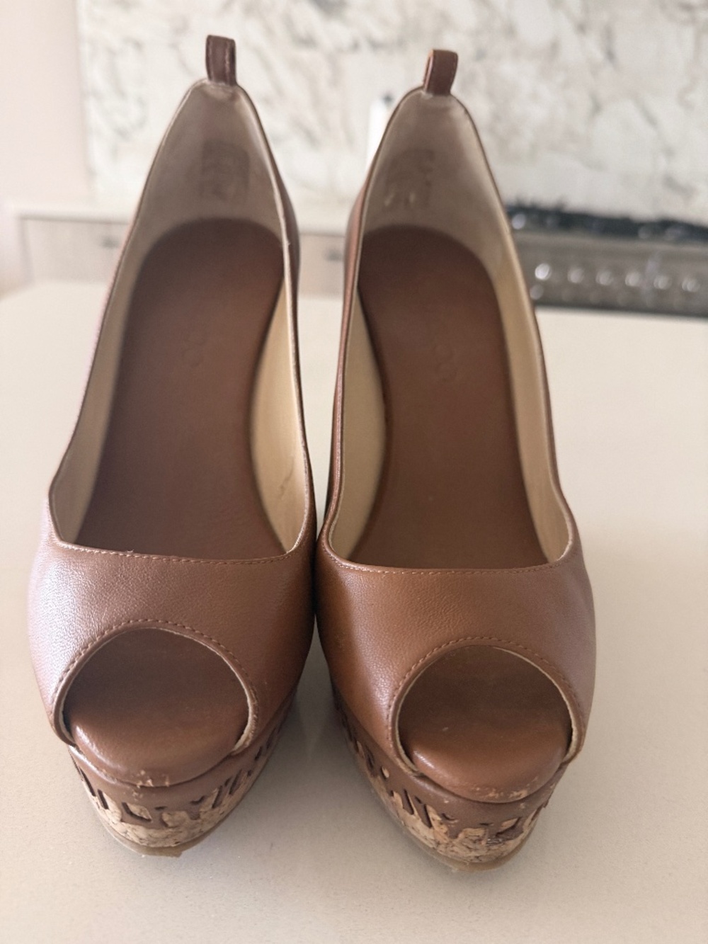 Jimmy Choo Brown Leather Peep Toe Cork Wedge Pumps EU 38